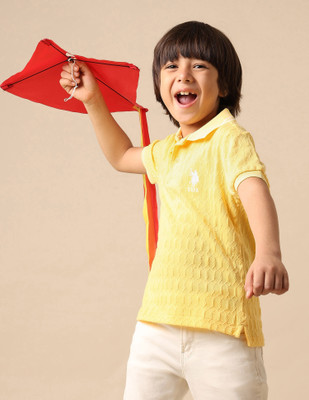 U.S. POLO ASSN. Boys Self Design Pure Cotton Regular T Shirt(Yellow, Pack of 1)
