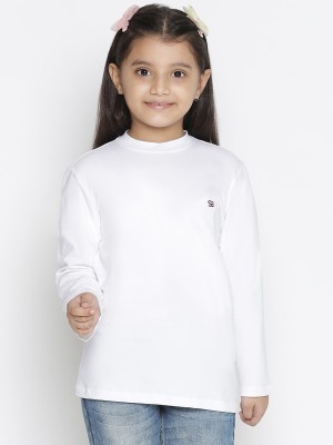 Spyby Girls Solid Pure Cotton Regular T Shirt(White, Pack of 1)