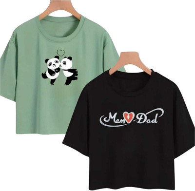 Everfab Girls Printed Cotton Blend Regular T Shirt(Black, Green, Pack of 2)