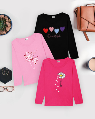 BMG TRENDZZ Baby Girls Printed Cotton Blend Regular T Shirt(Multicolor, Pack of 3)