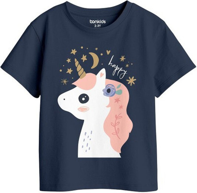 BONKIDS Girls Printed Pure Cotton Regular T Shirt(Dark Blue, Pack of 1)