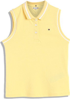 TOMMY HILFIGER Girls Solid Cotton Blend Regular T Shirt(Yellow, Pack of 1)