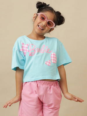 kidsville Girls Printed Pure Cotton Oversized T Shirt(Blue, Pack of 1)