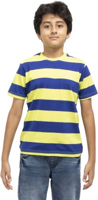 Get Stocked Boys Striped Pure Cotton T Shirt(Blue, Pack of 1)