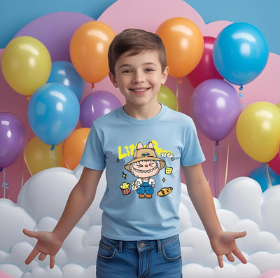 Kidloo Boys Labubu, Graphic Print Cotton Blend Regular T Shirt(Light Blue, Pack of 1)