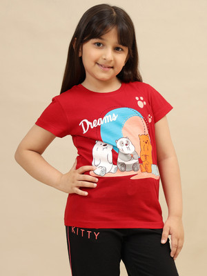 kidsville Girls Graphic Print Pure Cotton Regular T Shirt(Red, Pack of 1)