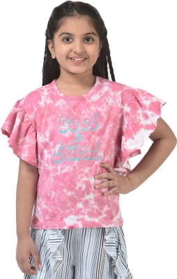 Cub McPaws Girls Tie & Dye Pure Cotton T Shirt(Pink, Pack of 1)
