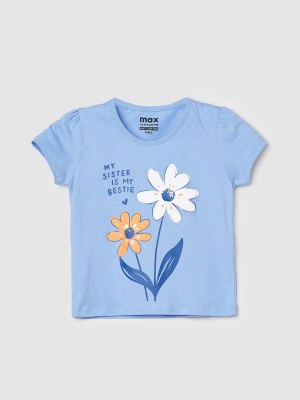 MAX Baby Girls Printed Pure Cotton T Shirt(Blue, Pack of 1)