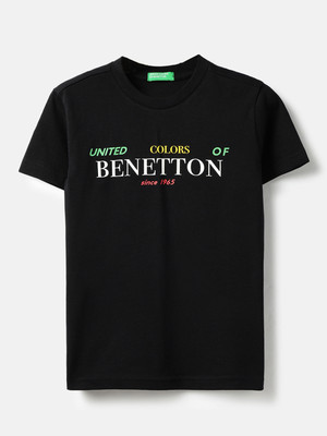 United Colors of Benetton Boys Printed Pure Cotton Regular T Shirt(Black, Pack of 1)