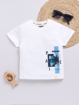 Happy Faces Baby Boys Printed Pure Cotton Regular T Shirt(White, Pack of 1)