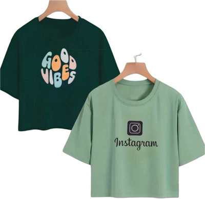 Everfab Girls Typography Cotton Blend Regular T Shirt(Dark Green, Green, Pack of 2)