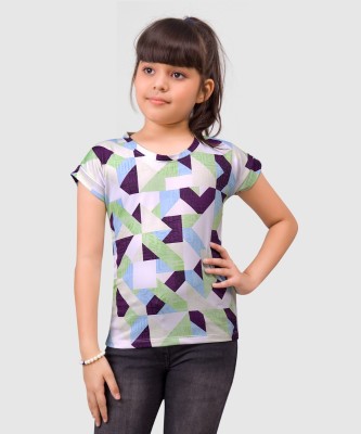 Little Funky Girls Graphic Print Cotton Blend T Shirt(Purple, Pack of 1)