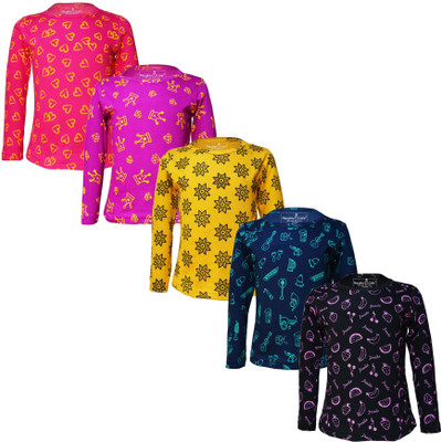 Eazy Trends Girls Printed Pure Cotton Regular T Shirt(Multicolor, Pack of 5)