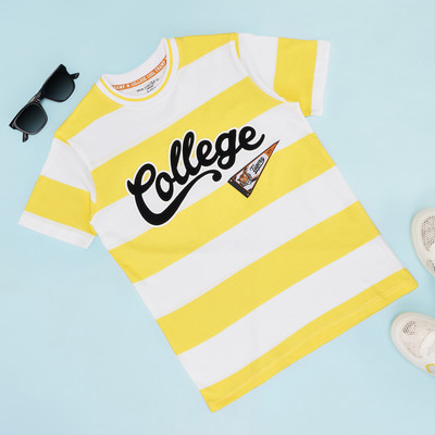 Pantaloons Junior Boys Printed, Striped Cotton Blend Regular T Shirt(Yellow, Pack of 1)