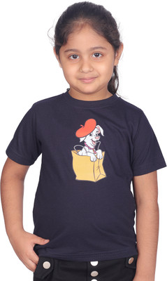 Yellowtoons Girls Cartoon Cotton Blend Regular T Shirt(Blue, Pack of 1)
