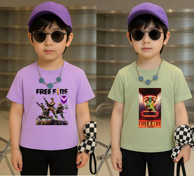 Lecowar Boys Printed Polyester Regular T Shirt(Purple, Green, Pack of 2)
