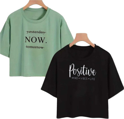 Everfab Girls Printed Cotton Blend Regular T Shirt(Green, Black, Pack of 2)