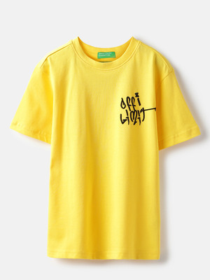 United Colors of Benetton Girls Graphic Print Pure Cotton Regular T Shirt(Yellow, Pack of 1)