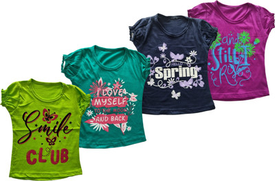 Seyor Baby Girls Printed Pure Cotton Regular T Shirt(Multicolor, Pack of 4)