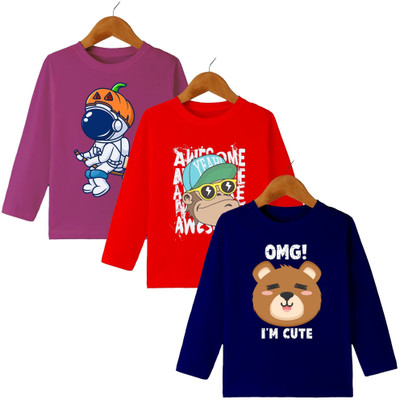 MYO Boys & Girls Printed Cotton Blend Regular T Shirt(Multicolor, Pack of 3)