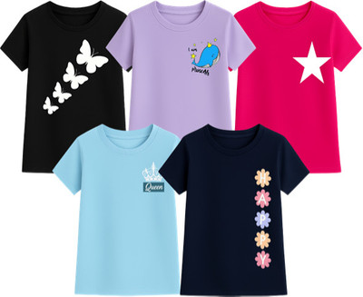 M Queen Girls Graphic Print Cotton Blend Regular T Shirt(Multicolor, Pack of 5)