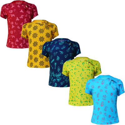 Eazy Trends Girls Printed Pure Cotton Regular T Shirt(Multicolor, Pack of 5)