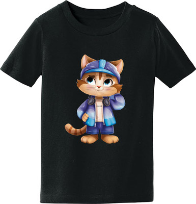 YARNVA Boys & Girls Printed Cotton Blend Regular T Shirt(Black, Pack of 1)