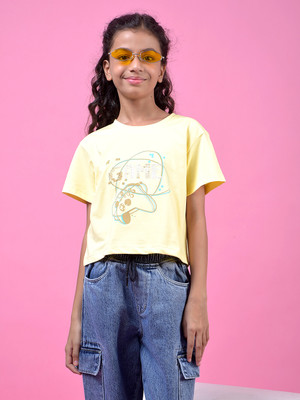 CRIMSOUNE CLUB Girls Graphic Print Cotton Blend Slim T Shirt(Yellow, Pack of 1)