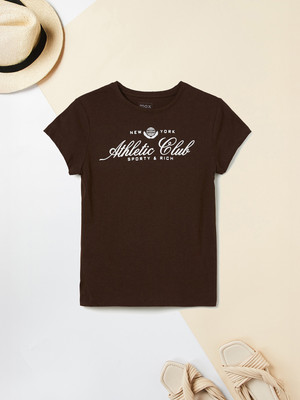 MAX Girls Printed Pure Cotton Regular T Shirt(Brown, Pack of 1)