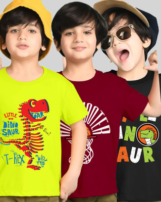 AOOSH Boys Printed Cotton Blend Regular T Shirt(Maroon, Black, Pack of 3)