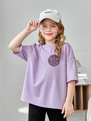 KEESOR Girls Printed Cotton Blend Oversized T Shirt(Purple, Pack of 1)