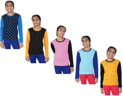 Indistar Girls Printed Pure Cotton Regular T Shirt(Multicolor, Pack of 5)