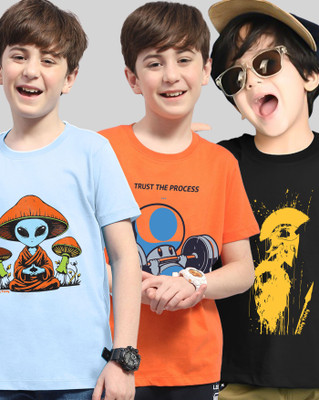 AUSK Boys Graphic Print Cotton Blend Regular T Shirt(Black, Light Blue, Pack of 3)