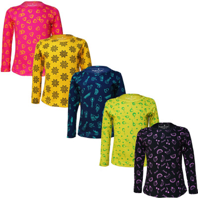 Eazy Trends Girls Printed Pure Cotton Regular T Shirt(Multicolor, Pack of 5)