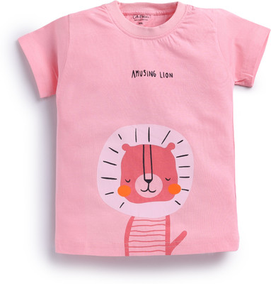 Cutie Melons Boys & Girls Printed Cotton Blend Regular T Shirt(Pink, Pack of 1)