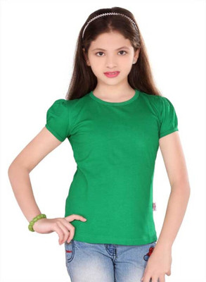 SINI MINI Girls Solid Cotton Blend Regular T Shirt(Green, Pack of 1)