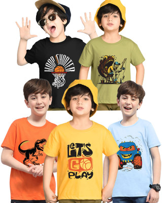 Kiddy Viddy Boys Printed Cotton Blend Regular T Shirt(Yellow, Orange, Pack of 5)