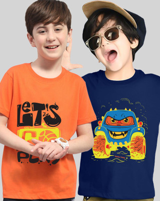 AOOSH Boys Typography, Graphic Print Cotton Blend Regular T Shirt(Orange, Blue, Pack of 2)
