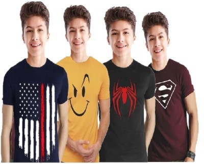 FTC FASHIONS Boys Printed Cotton Blend T Shirt(Multicolor, Pack of 4)