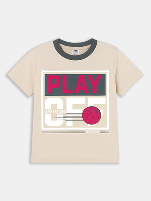 Here&Now X Game Begins Boys Printed Pure Cotton Regular T Shirt(Beige, Pack of 1)