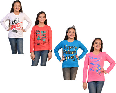 IndiWeaves Girls Printed Pure Cotton Regular T Shirt(Multicolor, Pack of 4)