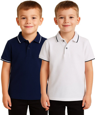 fasla Boys Solid Cotton Blend Regular T Shirt(White, Dark Blue, Pack of 2)