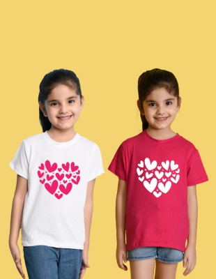 Nusyl Girls Printed Cotton Blend Regular T Shirt(Multicolor, Pack of 2)