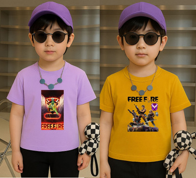 Lecowar Boys Printed Polyester Regular T Shirt(Purple, Yellow, Pack of 2)