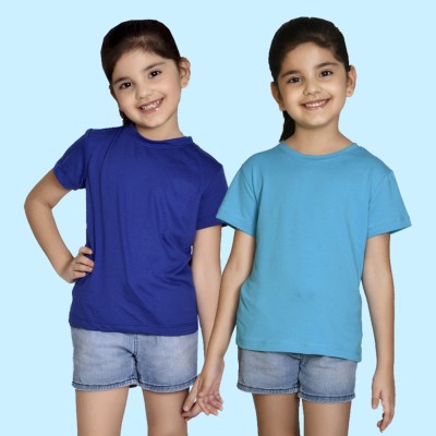 Nusyl Girls Solid Cotton Blend T Shirt(Blue, Pack of 2)