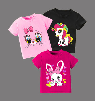 HEYDALS Girls Printed Cotton Blend Regular T Shirt(Multicolor, Pack of 3)