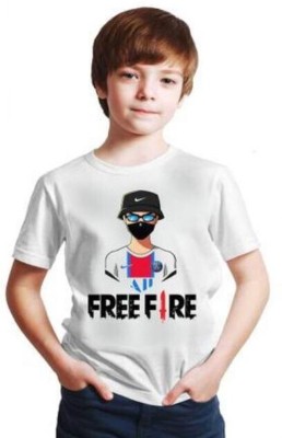 free fire kids tshirt Boys Typography, Printed Polyester Regular T Shirt(White, Pack of 1)