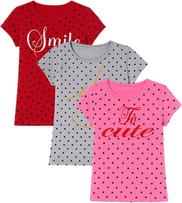 Fasla Girls Printed Cotton Blend Slim T Shirt(Multicolor, Pack of 3)