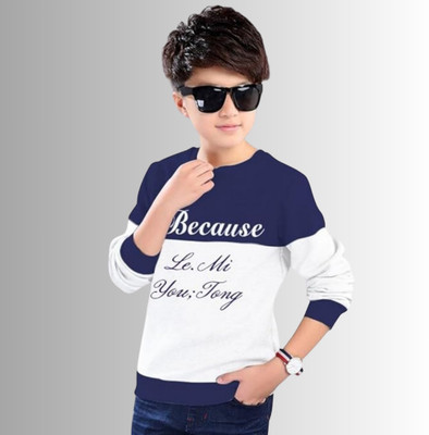 Ticoss Boys Printed, Colorblock Cotton Blend Regular T Shirt(Dark Blue, White, Pack of 1)