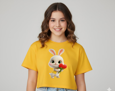 Wearax Girls Printed Cotton Blend Regular T Shirt(Yellow, Pack of 1)